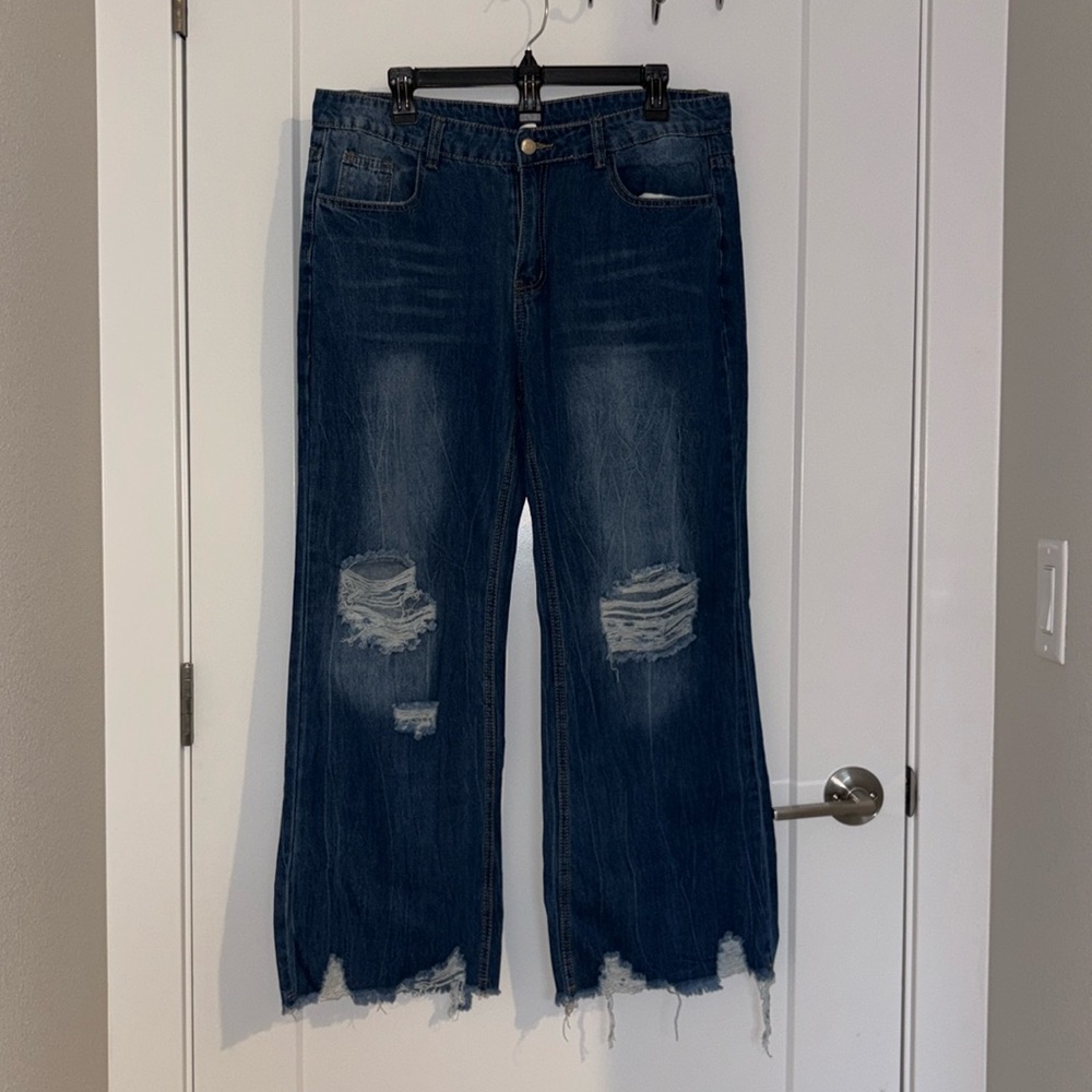 Dark Wash Distressed Wide Legs Jeans